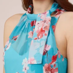 Adrianna Papell Floral-Print Chiffon Tie Neck Halter Long Fit-And-Flare Gown In Aqua Multi -Cheap Vesta Gleam Store AP1E210390 BZ980 Regular Side