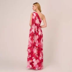 Adrianna Papell Floral Print One Shoulder Chiffon Long Gown In Pink Multi -Cheap Vesta Gleam Store AP1E210404 AE970 Regular Back