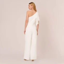 Adrianna Papell Satin Crepe Draped One Shoulder Wide Leg Jumpsuit In Ivory -Cheap Vesta Gleam Store AP1E210417 AA194 Regular Back