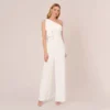 Adrianna Papell Satin Crepe Draped One Shoulder Wide Leg Jumpsuit In Ivory