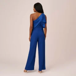 Adrianna Papell Satin Crepe Draped One Shoulder Wide Leg Jumpsuit In Rich Royal -Cheap Vesta Gleam Store AP1E210417 AI402 Regular Back
