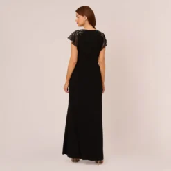 Adrianna Papell Flutter Sleeve Mermaid Gown With Beaded Details In Black -Cheap Vesta Gleam Store AP1E210420 AA002 Regular Back