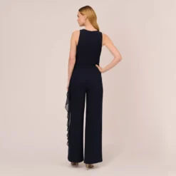 Adrianna Papell Chiffon And Crepe Wide Leg Jumpsuit In Midnight -Cheap Vesta Gleam Store AP1E210423 AB411 Regular Back