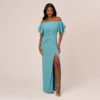 Adrianna Papell Knit Crepe And Organza Off The Shoulder Long Column Gown With Tiered Sleeves In Moody Aqua