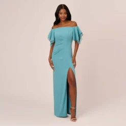 Adrianna Papell Knit Crepe And Organza Off The Shoulder Long Column Gown With Tiered Sleeves In Moody Aqua