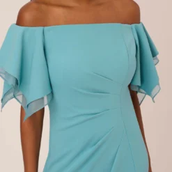 Adrianna Papell Knit Crepe And Organza Off The Shoulder Long Column Gown With Tiered Sleeves In Moody Aqua -Cheap Vesta Gleam Store AP1E210424 AD434 Regular Detail
