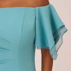 Adrianna Papell Knit Crepe And Organza Off The Shoulder Long Column Gown With Tiered Sleeves In Moody Aqua -Cheap Vesta Gleam Store AP1E210424 AD434 Regular Lifestyle