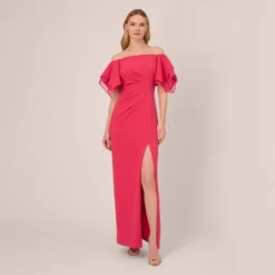 Adrianna Papell Knit Crepe And Organza Off The Shoulder Long Column Gown With Tiered Sleeves In Pink Lotus