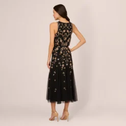 Adrianna Papell Floral Beaded Blouson Tea Length Dress In Black Gold -Cheap Vesta Gleam Store AP1E210437 AA967 Regular Back