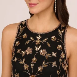 Adrianna Papell Floral Beaded Blouson Tea Length Dress In Black Gold -Cheap Vesta Gleam Store AP1E210437 AA967 Regular Detail