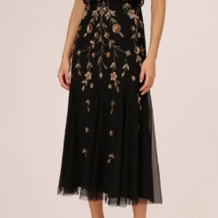 Adrianna Papell Floral Beaded Blouson Tea Length Dress In Black Gold -Cheap Vesta Gleam Store AP1E210437 AA967 Regular Lifestyle