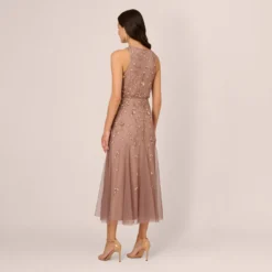 Adrianna Papell Floral Beaded Blouson Tea Length Dress In Stone -Cheap Vesta Gleam Store AP1E210437 AE549 Regular Back