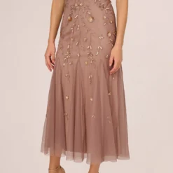 Adrianna Papell Floral Beaded Blouson Tea Length Dress In Stone -Cheap Vesta Gleam Store AP1E210437 AE549 Regular Lifestyle