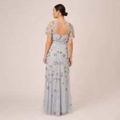 Adrianna Papell Floral Hand Beaded Illusion Long A-Line Gown In Glacier -Cheap Vesta Gleam Store AP1E210441 AF482 Regular Back