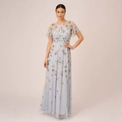 Adrianna Papell Floral Hand Beaded Illusion Long A-Line Gown In Glacier