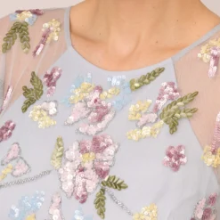 Adrianna Papell Floral Hand Beaded Illusion Long A-Line Gown In Glacier -Cheap Vesta Gleam Store AP1E210441 AF482 Regular Detail