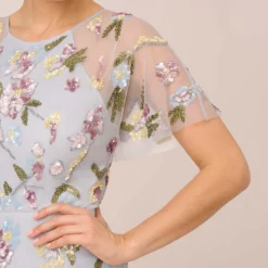 Adrianna Papell Floral Hand Beaded Illusion Long A-Line Gown In Glacier -Cheap Vesta Gleam Store AP1E210441 AF482 Regular Lifestyle