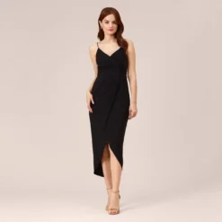 Adrianna Papell Stretch Matte Jersey Midi-Length Faux Wrap Dress In Black
