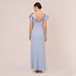 Adrianna Papell Short Sleeve Crepe Gown With Sheer Sequin Floral Neckline In Blue Breeze -Cheap Vesta Gleam Store AP1E210482 AD497 Regular Back