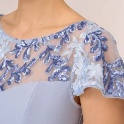 Adrianna Papell Short Sleeve Crepe Gown With Sheer Sequin Floral Neckline In Blue Breeze -Cheap Vesta Gleam Store AP1E210482 AD497 Regular Detail