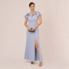 Adrianna Papell Short Sleeve Crepe Gown With Sheer Sequin Floral Neckline In Blue Breeze