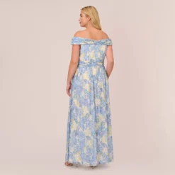 Adrianna Papell Plus Size Watercolor Floral Print Gown With Off The Shoulder Neckline In Blue Multi -Cheap Vesta Gleam Store AP1E210484 AA461 Plus Back