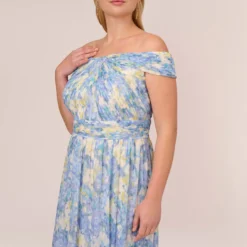 Adrianna Papell Plus Size Watercolor Floral Print Gown With Off The Shoulder Neckline In Blue Multi -Cheap Vesta Gleam Store AP1E210484 AA461 Plus Detail
