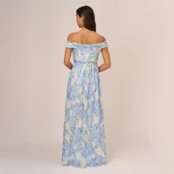 Adrianna Papell Watercolor Floral Print Gown With Off The Shoulder Neckline In Blue Multi -Cheap Vesta Gleam Store AP1E210484 AA461 Regular Back