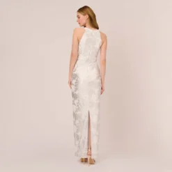 Adrianna Papell Foil Floral Embroidered Column Gown With Halter Neck In Ivory Silver -Cheap Vesta Gleam Store AP1E210489 AJ170 Regular Back