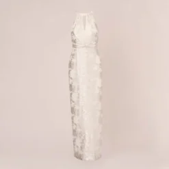 Adrianna Papell Foil Floral Embroidered Column Gown With Halter Neck In Ivory Silver -Cheap Vesta Gleam Store AP1E210489 AJ170 Regular Flat