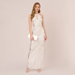 Adrianna Papell Foil Floral Embroidered Column Gown With Halter Neck In Ivory Silver