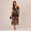 Adrianna Papell Floral Embroidered High Low Dress With Sheer Details In Black Multi