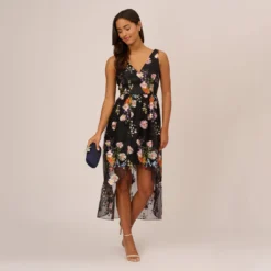 Adrianna Papell Floral Embroidered High Low Dress With Sheer Details In Black Multi