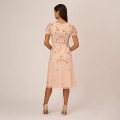 Adrianna Papell Floral Beaded Faux Wrap Dress With Sheer Flutter Sleeves In Blush Multi -Cheap Vesta Gleam Store AP1E210498 AA246 Regular Back