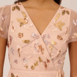 Adrianna Papell Floral Beaded Faux Wrap Dress With Sheer Flutter Sleeves In Blush Multi -Cheap Vesta Gleam Store AP1E210498 AA246 Regular Detail