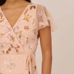 Adrianna Papell Floral Beaded Faux Wrap Dress With Sheer Flutter Sleeves In Blush Multi -Cheap Vesta Gleam Store AP1E210498 AA246 Regular Lifestyle