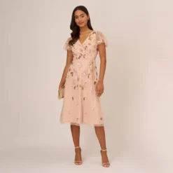 Adrianna Papell Floral Beaded Faux Wrap Dress With Sheer Flutter Sleeves In Blush Multi