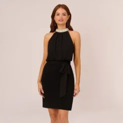 Adrianna Papell Jersey Blouson Dress With Pearl Mock Neck And Tie Waist In Black