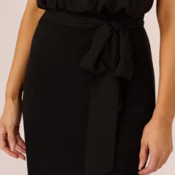 Adrianna Papell Jersey Blouson Dress With Pearl Mock Neck And Tie Waist In Black -Cheap Vesta Gleam Store AP1E210524 AA002 Regular Detail