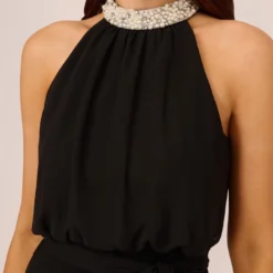 Adrianna Papell Jersey Blouson Dress With Pearl Mock Neck And Tie Waist In Black -Cheap Vesta Gleam Store AP1E210524 AA002 Regular Lifestyle