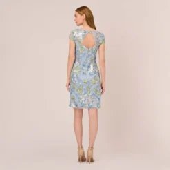 Adrianna Papell Sequin Floral Embroidered Sheath Dress With Cap Sleeves In Blue Green Multi -Cheap Vesta Gleam Store AP1E210525 AB396 Regular Back