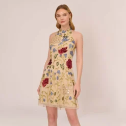Adrianna Papell Multicolor Floral Beaded Shift Dress In Light Champagne