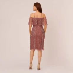 Adrianna Papell Beaded Off The Shoulder Sheath Dress With Halter Neck In Plum -Cheap Vesta Gleam Store AP1E210543 AD541 Regular Back