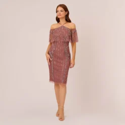 Adrianna Papell Beaded Off The Shoulder Sheath Dress With Halter Neck In Plum