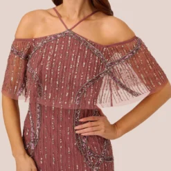 Adrianna Papell Beaded Off The Shoulder Sheath Dress With Halter Neck In Plum -Cheap Vesta Gleam Store AP1E210543 AD541 Regular Detail