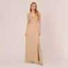 Adrianna Papell Art Deco Beaded Mermaid Gown With Cowl Neckline In Champagne Gold