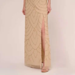 Adrianna Papell Art Deco Beaded Mermaid Gown With Cowl Neckline In Champagne Gold -Cheap Vesta Gleam Store AP1E210577 AD298 Regular Lifestyle