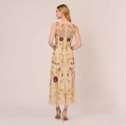 Adrianna Papell Multicolor Floral Beaded Ankle-Length Dress With Sheer Details In Light Champagne -Cheap Vesta Gleam Store AP1E210579 AE273 Regular Back