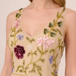 Adrianna Papell Multicolor Floral Beaded Ankle-Length Dress With Sheer Details In Light Champagne -Cheap Vesta Gleam Store AP1E210579 AE273 Regular Detail