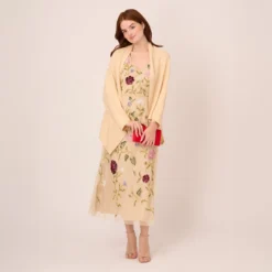 Adrianna Papell Multicolor Floral Beaded Ankle-Length Dress With Sheer Details In Light Champagne -Cheap Vesta Gleam Store AP1E210579 AE273 Regular Lifestyle2